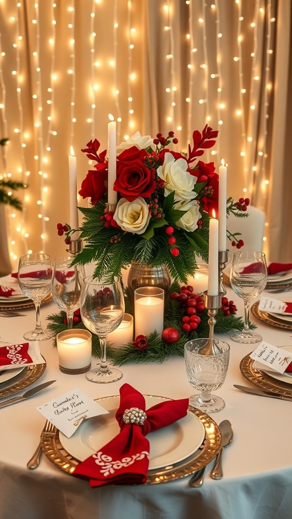 Elegant Christmas Table Settings and Decorations An elegant Christmas table setting with flowers, candles, and festive decorations.